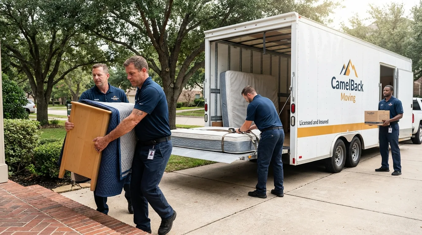 Crew loading residential truck for cross-state move from Bohemia, NY