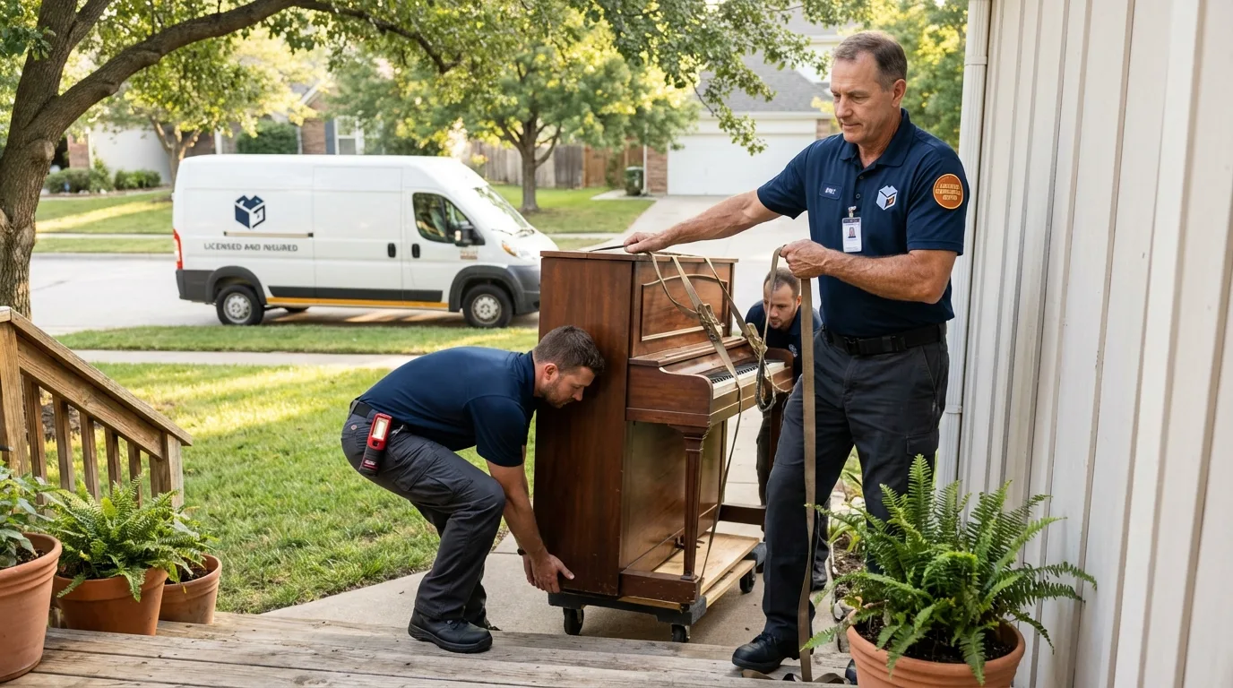 Licensed piano movers securing grand piano in Bohemia, NY