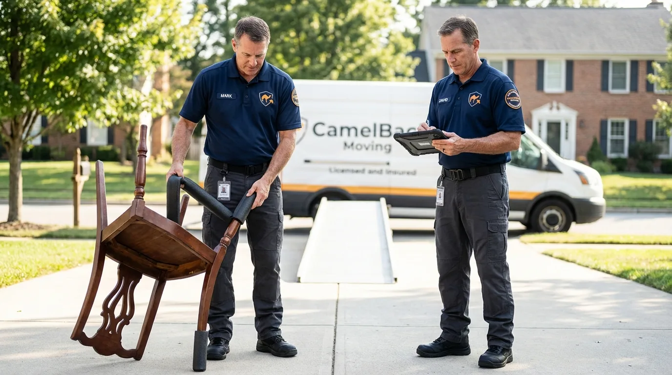 Movers inspecting furniture for damage prevention before loading in Bohemia, NY