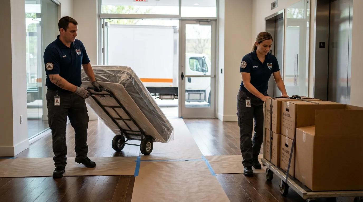 Professional apartment movers loading elevator in Bohemia, NY