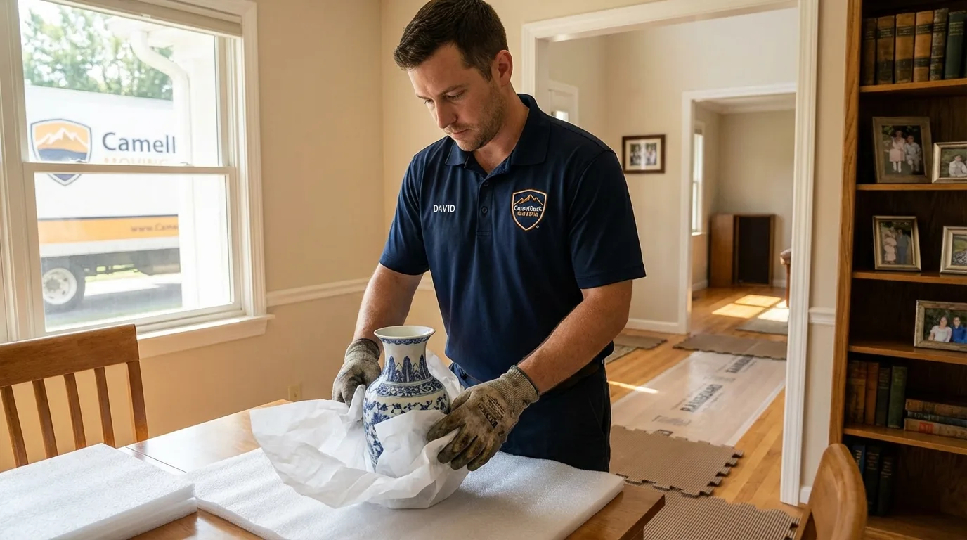 Professional crew carefully wrapping antique vase for senior downsizing move in Bohemia, NY