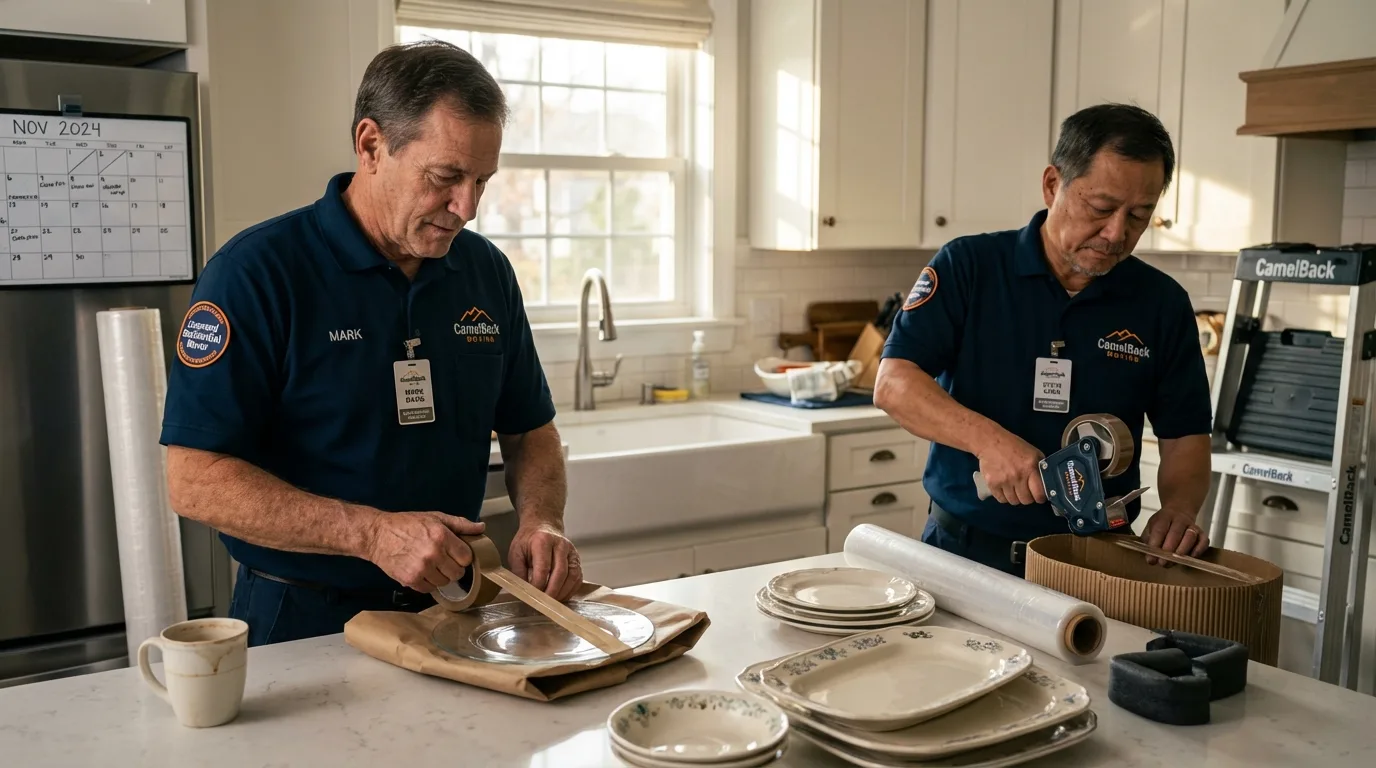 Professional crew packing kitchen dishware in Bohemia, NY